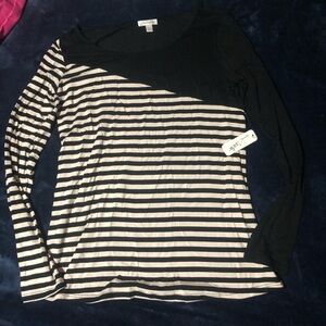 Charming Charlie Black Cream Striped Long Sleeve Asymmetrical Blouse NWT